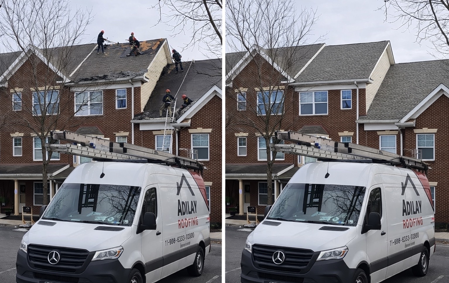 Adilay Roofing van and crew completing a roof replacement on a residential property
